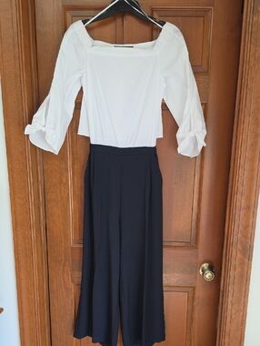 Zara Overall Dark Blue/  White Off-Shoulder, Back Open, Wide-Leg Pants Sz Xs